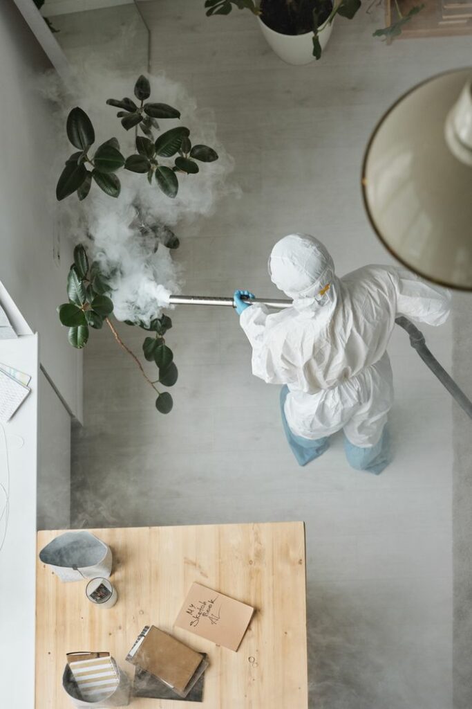 pexels photo 4176543 Aerial view of a person in protective gear fumigating an indoor space with smoke.